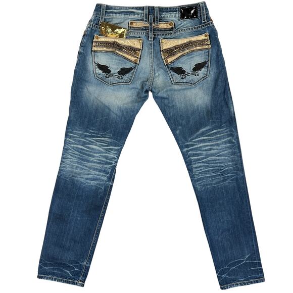 Robin's Jean Mid Rise Straight Leg Jeans Men's 33x31.5 VIP Gold Zipper Whiskered - Picture 2 of 16